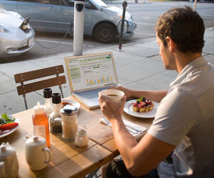 Man having lunch while using a laptop